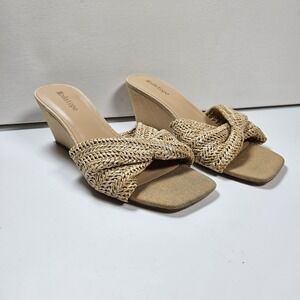 Modatope Womens Sandals 9.5 Square Open Toe Chunky Natural Calves Woven Slides